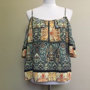 3/$15 FABRIK boho print cold shoulder top blouse L
